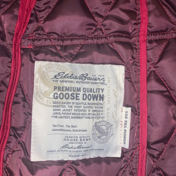 Eddie Bauer Red Quilted Puffer coat Packable goose down 550 fill large tall - Picture 5 of 7
